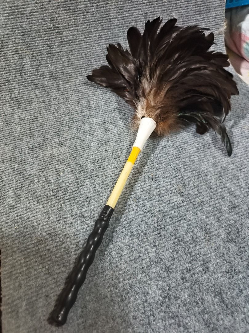 Feather Duster with Black Handle (Category: Dresses) located in San Leonardo. Submitted by burgossanleonardo.12345 (Listing ID 1461055704, Image 2). Description: - Fluffy dark brown feathers - Black handle with textured grip for comfortable holding - Yellow band accent near the top - Ideal for efficient home dusting - Easy to use and handle.