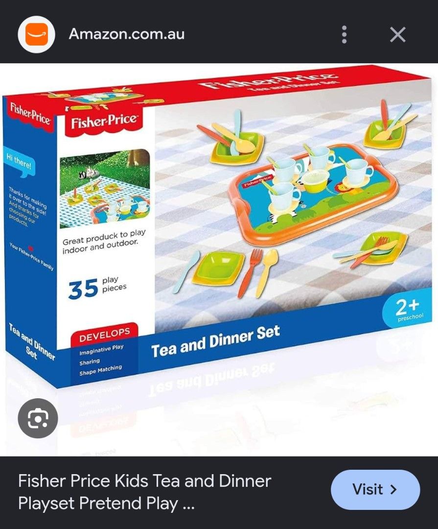 Fisher price tea and dinner payset (Category: Educational & Learning Toys) located in Pasig City. Submitted by tllc09 (Listing ID 1461111593, Image 2). Description: Brand new complete set issue tended box.