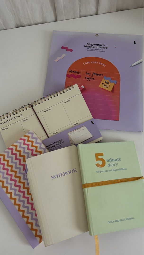 Flying Tiger Stationaries NEW (Category: Stationery & School Supplies) located in Cavite. Submitted by yamyam. (Listing ID 1461114683, Image 1). Description: - Magnetic board with marker and magnets - Spiral-bound weekly planner - Notebook - '5 Minute Diary for parents and their children' - Small weekly planner booklet - Perfect for organizing schedules and thoughts - Great for students and busy parents.