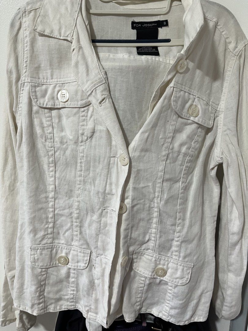 FOR JOSEPH White Linen Button-Up Jacket Size 8 (Category: Coats, Jackets and Outerwear) located in Pasig City. Submitted by melaiski28 (Listing ID 1460997680, Image 1). Description: - FOR JOSEPH white linen jacket - Size 8 - Button-up front - Two chest pockets - Two hip pockets - 100% linen - Made in China - Ideal for layering.