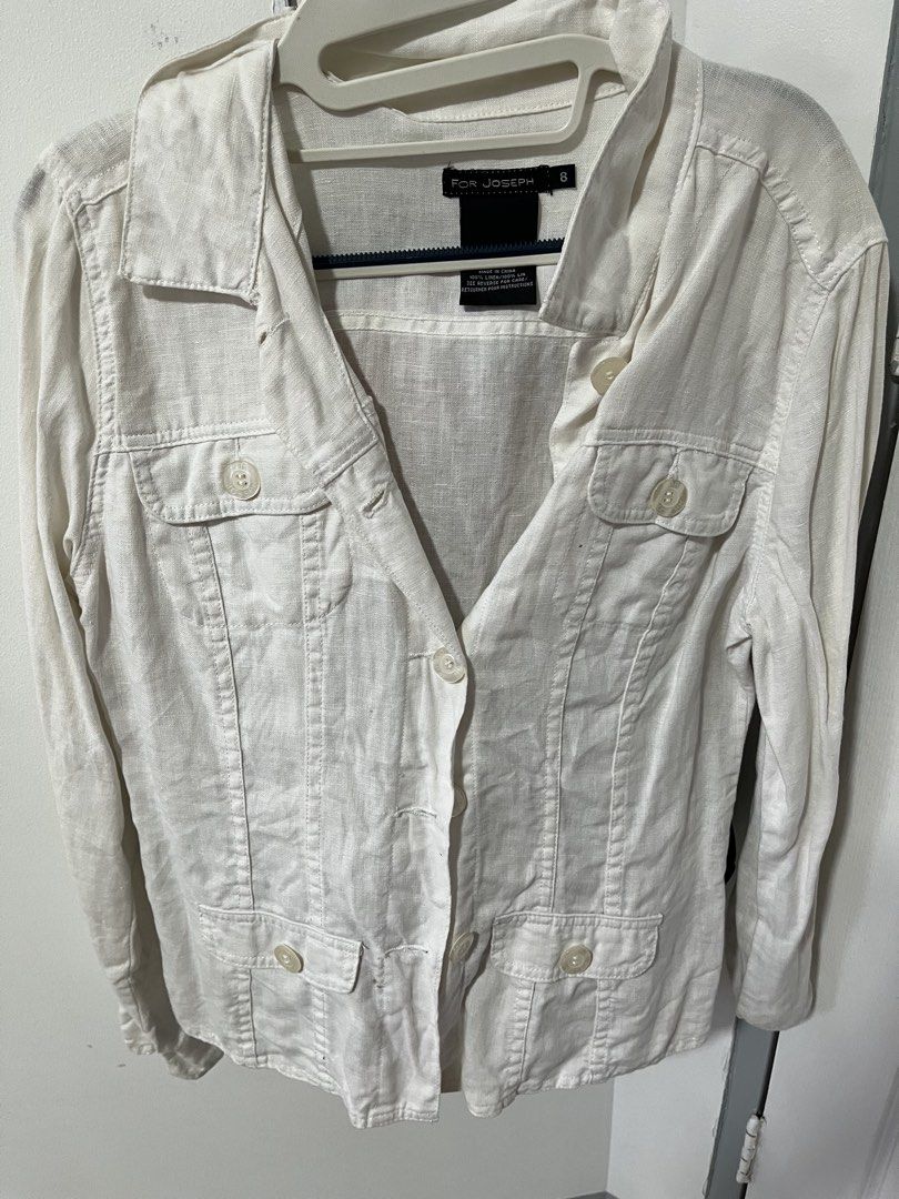 FOR JOSEPH White Linen Button-Up Jacket Size 8 (Category: Coats, Jackets and Outerwear) located in Pasig City. Submitted by melaiski28 (Listing ID 1460997680, Image 3). Description: - FOR JOSEPH white linen jacket - Size 8 - Button-up front - Two chest pockets - Two hip pockets - 100% linen - Made in China - Ideal for layering.