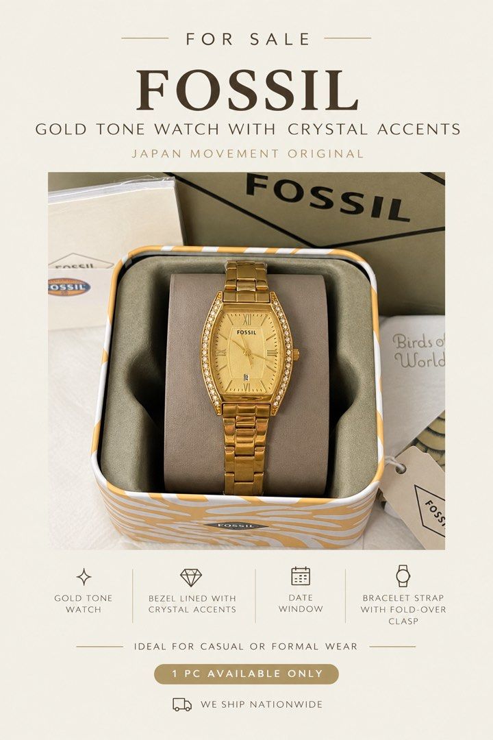 FOSSIL LADIES WATCH (Category: Women's Watches) located in Manila. Submitted by lalacalica (Listing ID 1461111317, Image 2). Description: Fossil Ladies Watch - Gold Edition Complete inclusion Pawnable to some shops 28mm*25mm We ship nationwide! 📍Novaliches QC.