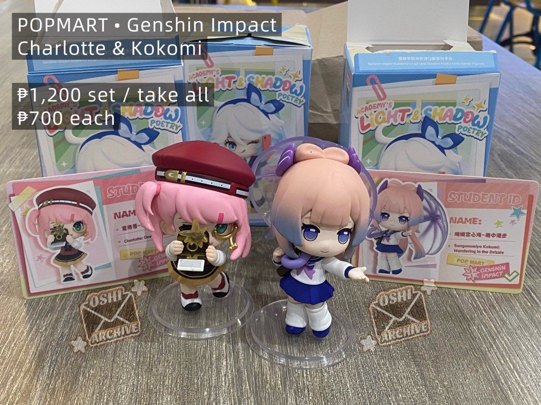 GENSHIN IMPACT POPMART (Category: Designer & Blind Box Toys) located in Aloran. Submitted by oshi_archive (Listing ID 1461011368, Image 1). Description: 💫 𝙂𝙀𝙉𝙎𝙃𝙄𝙉 𝙄𝙈𝙋𝘼𝘾𝙏 • [ 𝙋𝙊𝙋𝙈𝘼𝙍𝙏 ] Academy’s Light & Shadow Poetry ── ⟡ 𝘿𝙀𝙏𝘼𝙄𝙇𝙎 ̟ ⊹ CHARLOTTE & KOKOMI • price on photo TIGHNARI • ₱680 can lower to ₱550 if get agad ── ⟡ 𝙊𝙎𝙃𝙄 𝘼𝙍𝘾𝙃𝙄𝙑𝙀 𝙍𝙐𝙇𝙀𝙎 ̟ ⊹ ⟡ 24 HOURS reservation only - timer starts the moment you claim