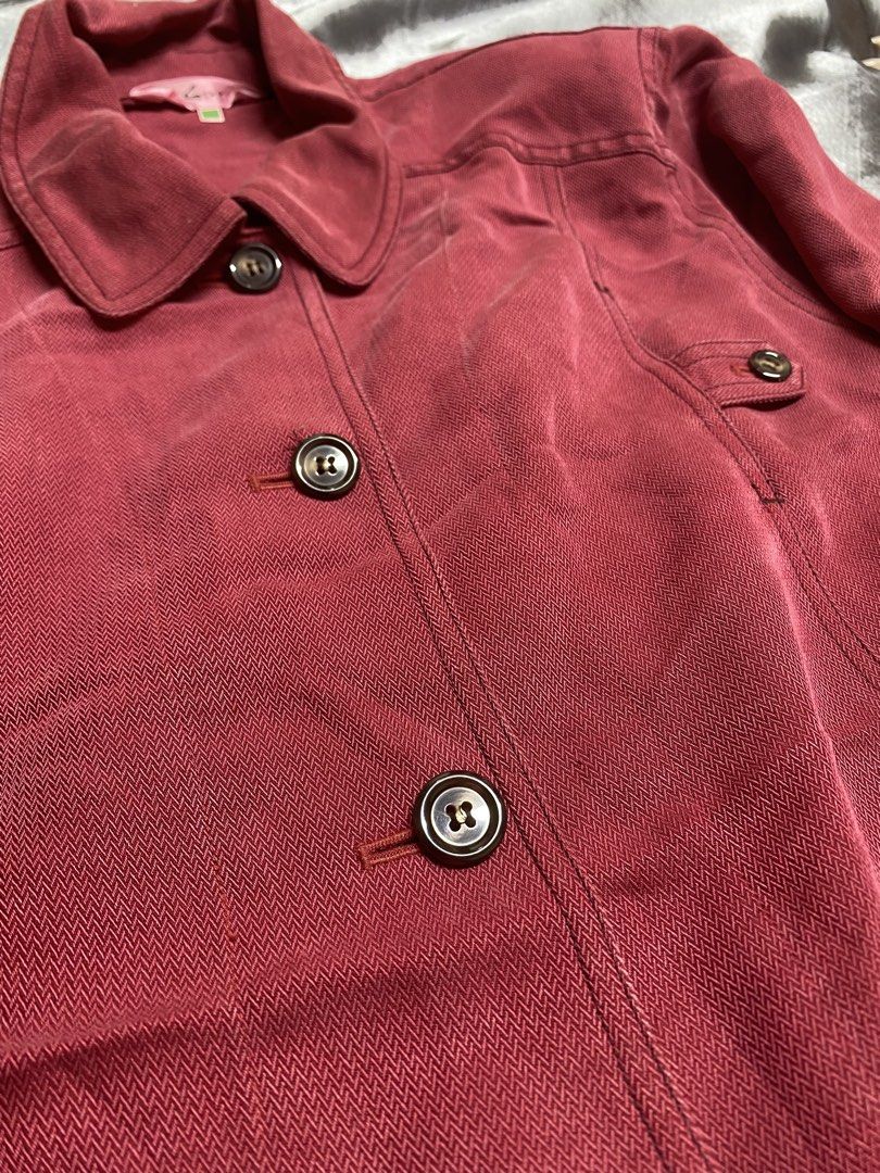 Givy Red Herringbone Textured Button-Up Jacket (Category: Coats, Jackets and Outerwear) located in Manila. Submitted by kevinthriftshop (Listing ID 1461052997, Image 3). Description: - Red jacket with a stylish herringbone texture. - Features three-quarter sleeves for a chic look. - Button-up front closure. - Two convenient chest pockets and two hip pockets. - Material has a linen blend appearance. - Ideal for layering over various outfits. Locat