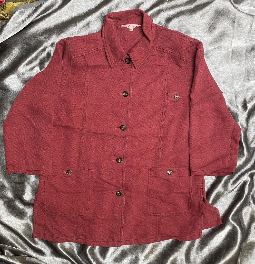 Givy Red Herringbone Textured Button-Up Jacket (Category: Coats, Jackets and Outerwear) located in Manila. Submitted by kevinthriftshop (Listing ID 1461052997, Image 1). Description: - Red jacket with a stylish herringbone texture. - Features three-quarter sleeves for a chic look. - Button-up front closure. - Two convenient chest pockets and two hip pockets. - Material has a linen blend appearance. - Ideal for layering over various outfits. Locat