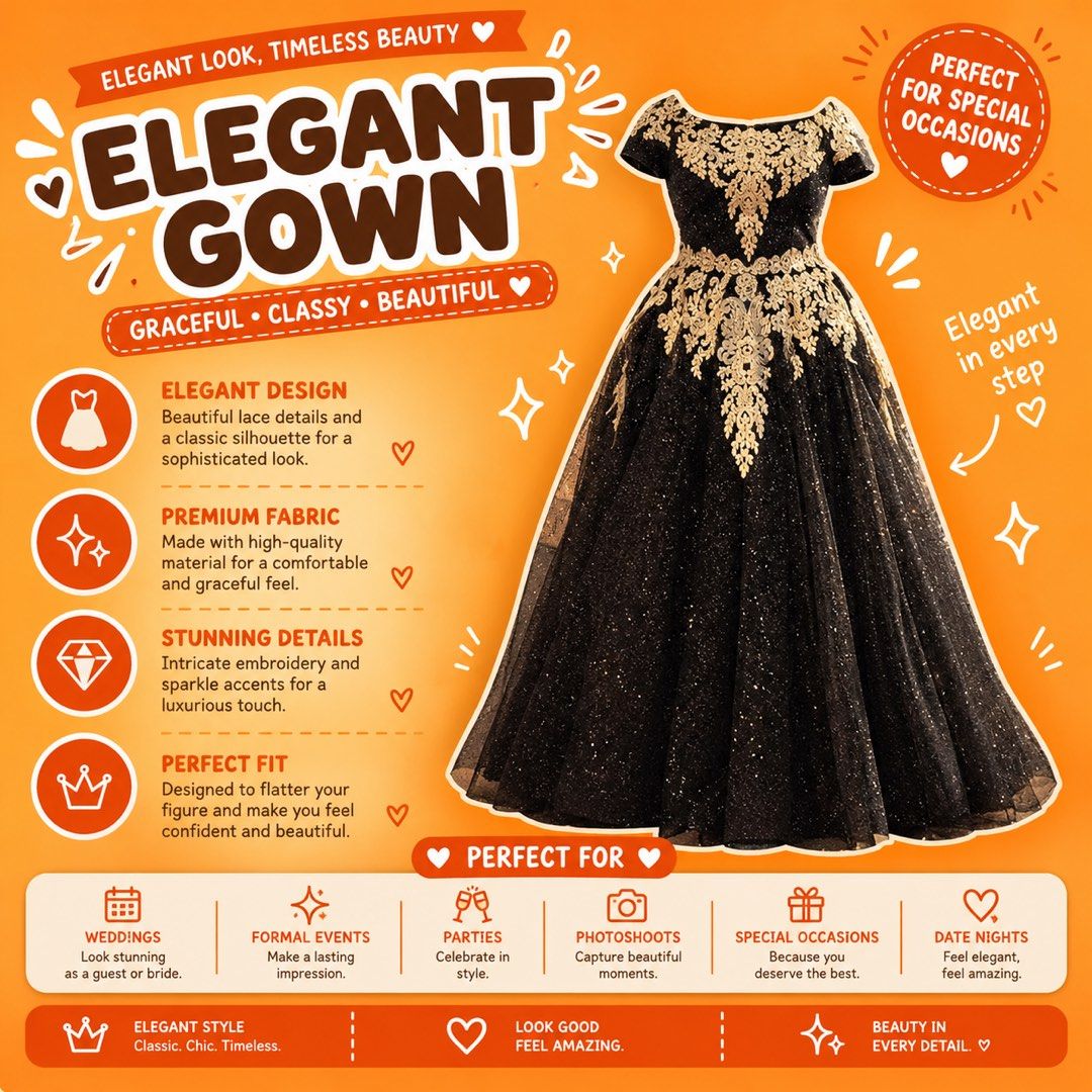 Glittered Black Elegant Gown (Category: Evening dresses & gowns) located in Navotas City. Submitted by ohyeinz (Listing ID 1461049289, Image 1). Description: Elegant black evening gown featuring intricate gold lace embroidery, a flattering fitted bodice, and a beautiful flowing skirt. Its classic and sophisticated design makes it perfect for weddings, formal events, parties, photoshoots, and special occasions..