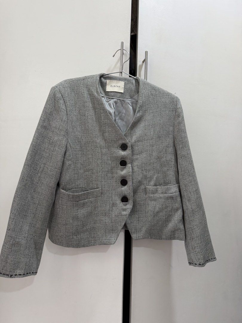 Grey Tweed Collarless Blazer (Category: Coats, Jackets and Outerwear) located in Pasig City. Submitted by miss_abuelita (Listing ID 1460963432, Image 3). Description: Length 22” shoulder to shoulder 17” Arm length 23”.