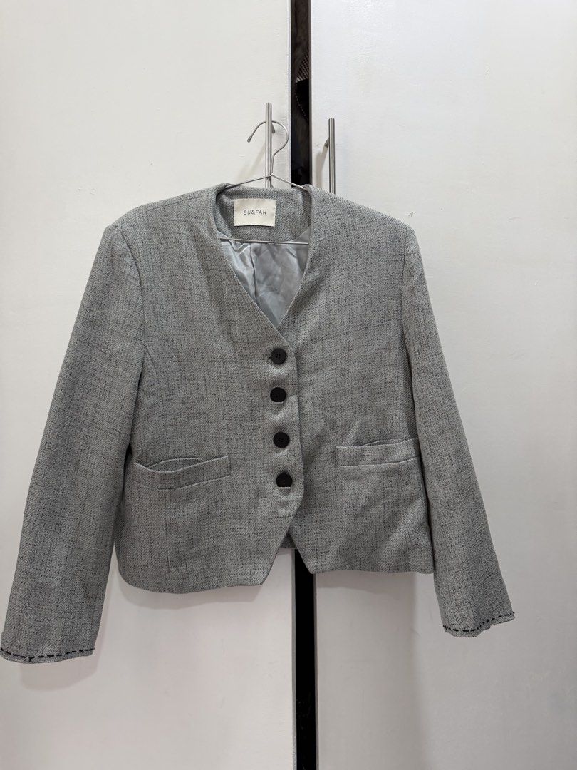 Grey Tweed Collarless Blazer (Category: Coats, Jackets and Outerwear) located in Pasig City. Submitted by miss_abuelita (Listing ID 1460963432, Image 2). Description: Length 22” shoulder to shoulder 17” Arm length 23”.