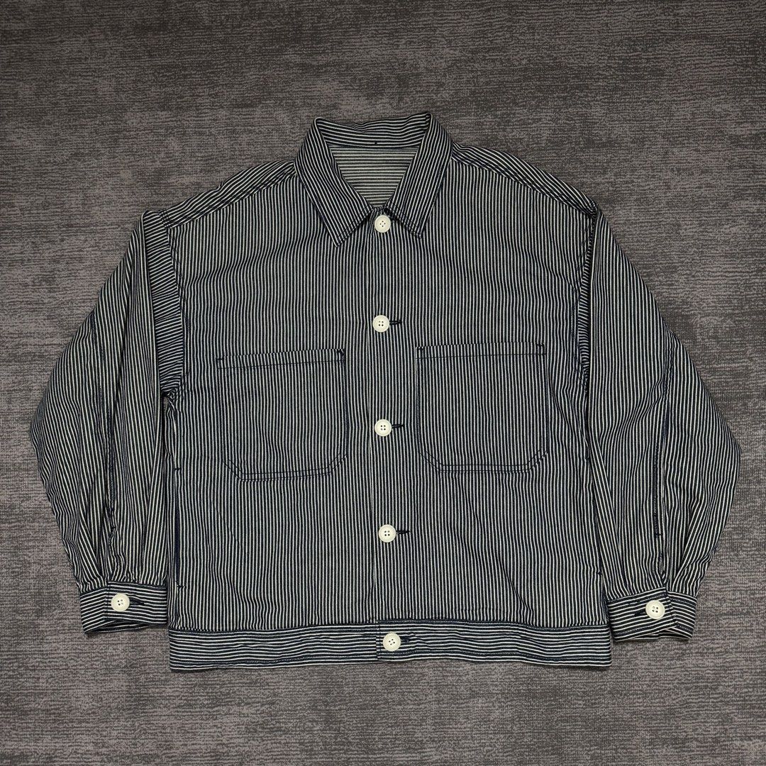 GU big pockets pinstripe jacket (Category: Activewear) located in San Carlos. Submitted by used.but.not.abused. (Listing ID 1460936646, Image 3). Description: Top: Gu big pocket denim type fabric button down jacket Width x Length: 23x26 Sleeve: 21 Condition: 9/10 Issue: none.