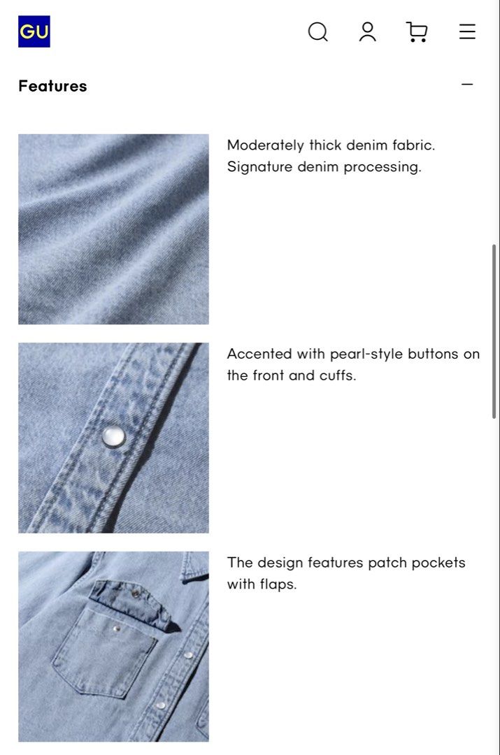 GU DENIM SHIRT (L) (Category: Longsleeves) located in Batangas. Submitted by melissa.closet (Listing ID 1461021086, Image 3). Description: Original! Personally bought in 🇯🇵 Size: Large (Runs a bit small 38" Bust) Condition: Excellent. Used 3x W: 42" L: 26.5 Selling low! If in doubt, dont buy!!!.