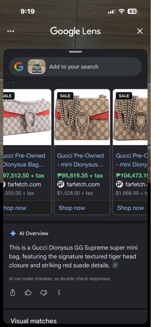 Gucci Dionysus GG Supreme Mini Bag (Category: Luxury Bags & Wallets) located in Aroroy. Submitted by paldogs (Listing ID 1461072224, Image 2). Description: - Authentic Gucci Dionysus mini bag - Signature GG Supreme canvas - Red suede detailing - Iconic tiger head closure - Versatile chain strap - Luxurious red leather interior.