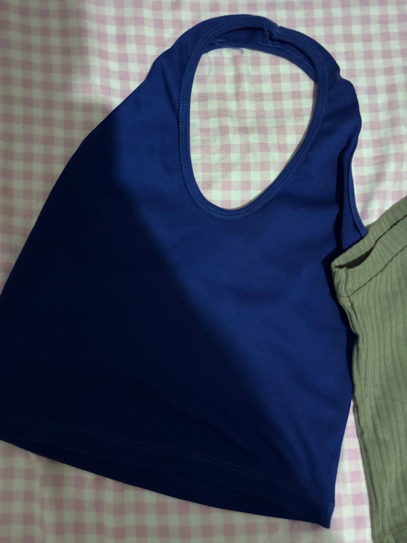 halter top bundle (Category: Sleeveless) located in Manila. Submitted by iyahpreloved_ (Listing ID 1461017922, Image 2). Description: royal blue halter top green criss cross top m-l size! 60 each .
