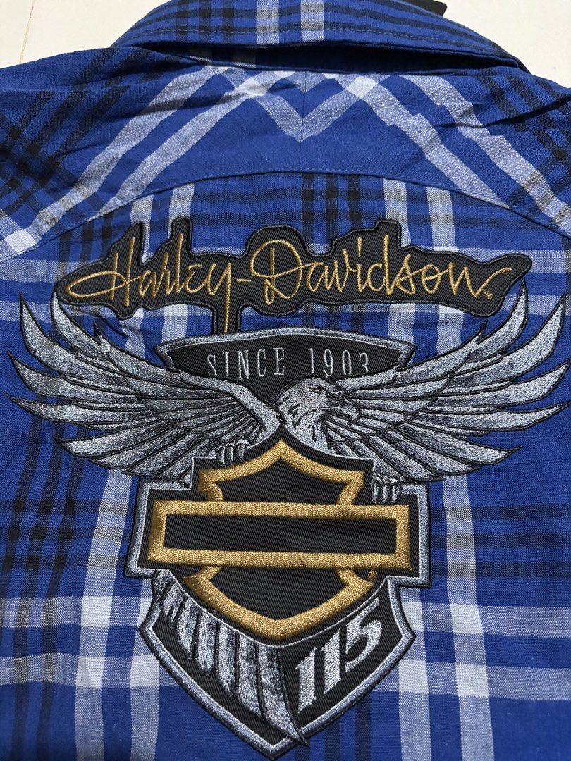 Harley Davidsons (Category: Others Tops) located in Echague. Submitted by jake_rc (Listing ID 1460923999, Image 3). Description: Harley-Davidson 115th Anniversary blue plaid short-sleeve shirt featuring black side panels and “115 Years” embroidery above the chest pocket. For Womens Size XL on tag Dimes 21.5 x 26 Brandnew condition with hangtags Price 850 plus SF.