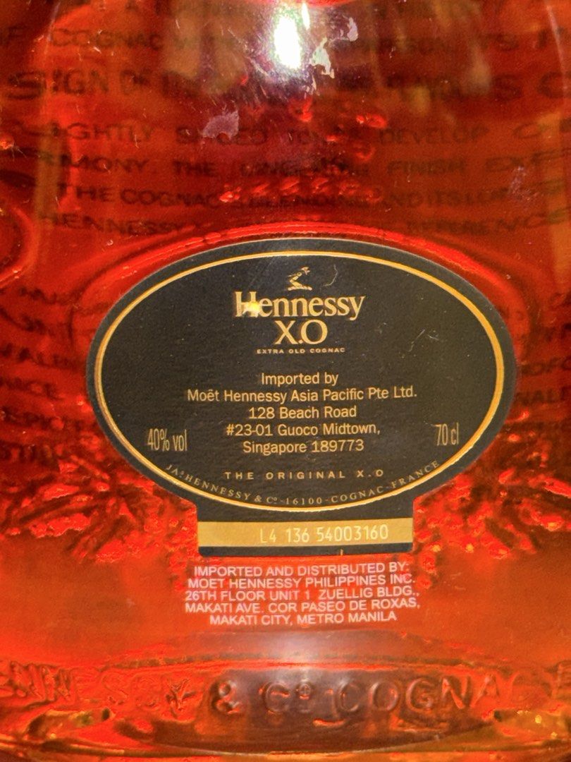 Hennessy XO Extra Old Cognac 700ml Bottle (Category: Beverages) located in Consolacion. Submitted by allyqui_ (Listing ID 1461004484, Image 3). Description: Hennessy - XO - 700ml Jeroboam | Cognac Spirit Type: Cognac Product of France ABV: 40% Bottle Size: 700ml • Authentic bottle • Condition: Sealed • Size: 700 ml • With box • Selling price: Hennessy XO 700ml (10,500) Private sale only. Serious buyers may message me for additional photos/details