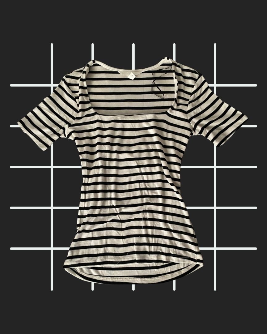 H&M Black & White Striped Fitted Square-Neck Blouse (Category: Blouses) located in Manila. Submitted by 2.nthral (Listing ID 1461071074, Image 1). Description: ★ ★ READ BEFORE BUYING ★ ★ This is a pre-loved item. Item is in good condition, unless otherwise stated. Manage expectations. DESCRIPTION: ◦ Size: S-M Mode of Payment: Cash (For meet-up only), GCash, Maya, Instapay Mode of Delivery: Meet-up (LRT-2 Legarda Station), or Delivery (Fee to be c