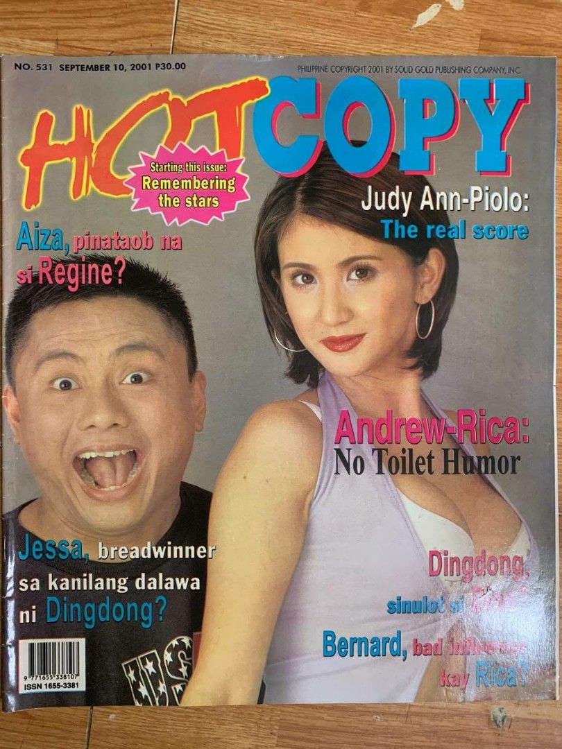 Hot Copy Magazine September 10, 2001 Issue (Category: Magazines) located in Manila. Submitted by rofel4lazo (Listing ID 1461010678, Image 1). Description: - Hot Copy Magazine - Issue Date: September 10, 2001 - Issue Number: 531 - Featured Stars: Judy Ann-Piolo, Aiza, Regine, Andrew-Rica, Jessa, Dingdong, Bernard - Special Section: Remembering the Stars - Perfect for fans of early 2000s Filipino entertainment - Great collector's item.