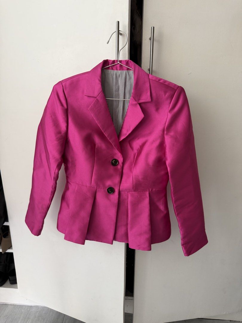 Hot Pink Peplum Blazer with Black Buttons (Category: Coats, Jackets and Outerwear) located in Pasig City. Submitted by miss_abuelita (Listing ID 1460969480, Image 1). Description: Shoulder to shoulder 16’’.