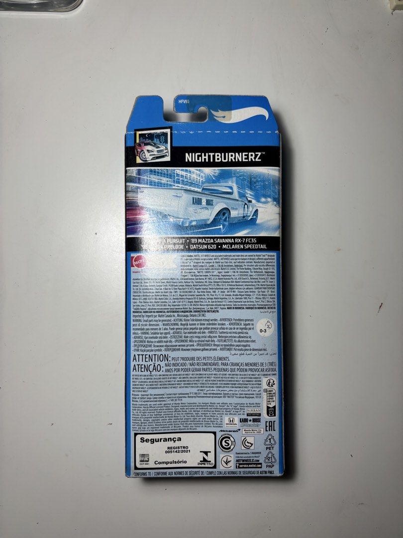 Hot Wheels Nightburnerz 5-Pack 2022 HFV93 (Category: Vehicle & Diecast Models) located in Agdangan. Submitted by omomsyj (Listing ID 1461054387, Image 2). Description: Selling my Hot Wheels Nightburnerz 5-Pack (2022) featuring: • Alpha Pursuit • ’89 Mazda Savanna RX-7 FC3S • ’98 Honda Prelude • Datsun 620 • McLaren Speedtail Condition: Sealed/Never Opened. The original packaging is intact. The card has minor fading/color changes and light signs o