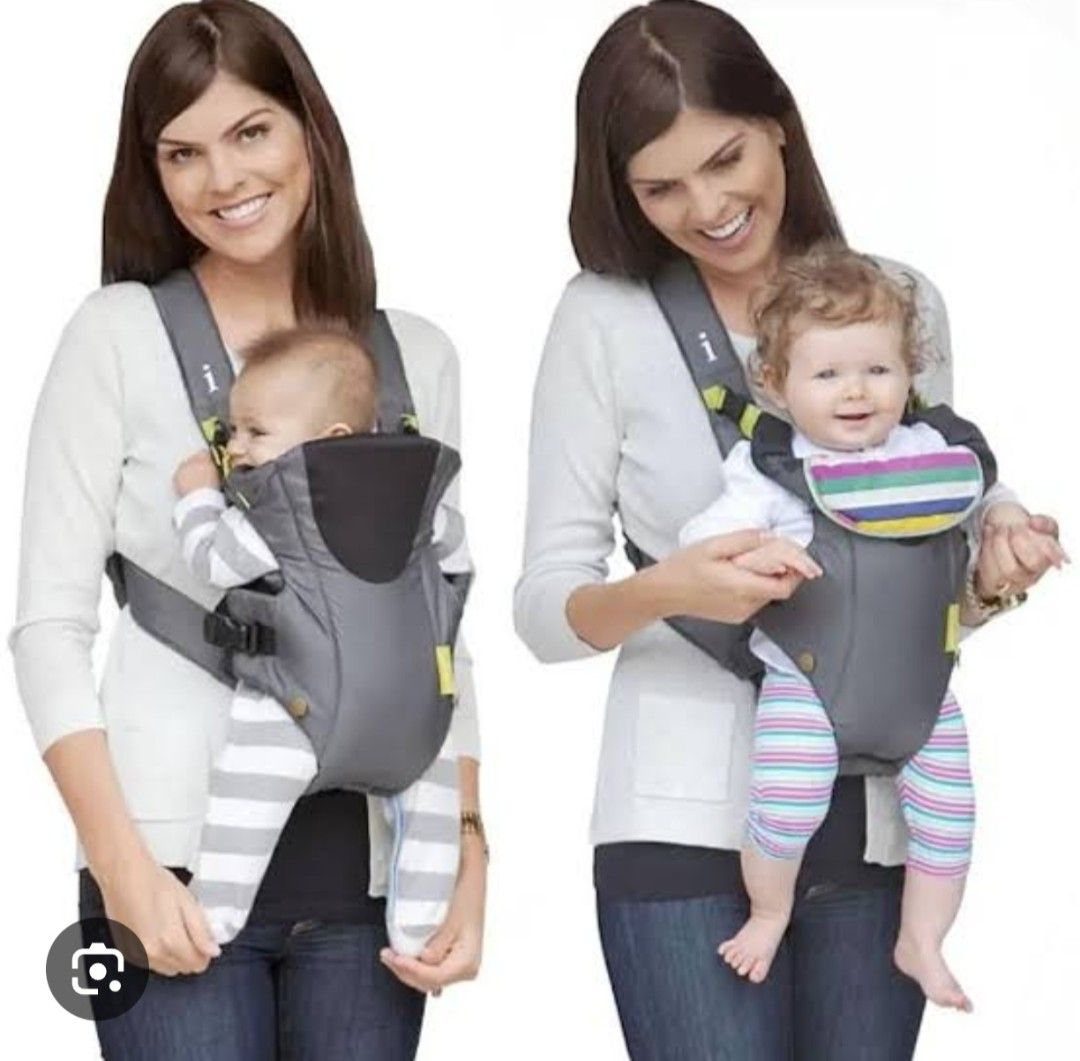 INFANTINO BABY CARRIER (Category: Carriers & Slings) located in Cagayan de Oro. Submitted by littlebabyscarrier (Listing ID 1460990713, Image 1). Description: Infantino Breathe Baby Carrier. This specific model is a lightweight, sporty front carrier featuring a dark grey body fabric paired with high-visibility neon yellow accents and a mesh panel designed for breathability. Core Specifications Positions: 2-way carrying positions (facing inward an