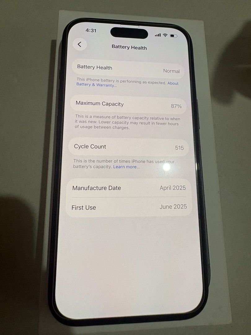iPhone 15 Black 128Gb (Category: iPhone 15 Series) located in Manila. Submitted by erazeal (Listing ID 1460960338, Image 3). Description: iPhone 15 Black •128GB Storage •ZP/A Variant •87% Battery Health •515 Cycle Count •No SIM Restrictions / Factory Unlocked With Original Box & Original Cord Minimal paint chips sa camera Clean and ready to use. 26,500 (Negotiable).