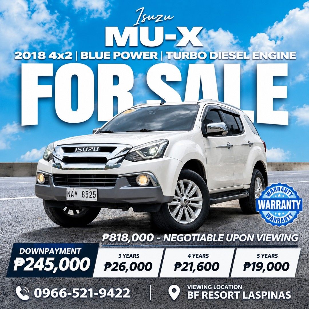 Isuzu Mu-X (Category: Used Cars) located in Manila. Submitted by lovemarie8 (Listing ID 1460956390, Image 1). Description: 245k all in Down payment!👇 2018 ISUZU MUX 4x2 Blue power Turbodiesel Engine 90k+ mileage Automatic TRANSMISSION ALL POWER Features Pearl White Isuzu Infotainment system 7 seater capacity All leather interior overhead monitor DRL Push Start with 2 smart keys Complete papers ready to transfer No issues gagamitin nlng price 818