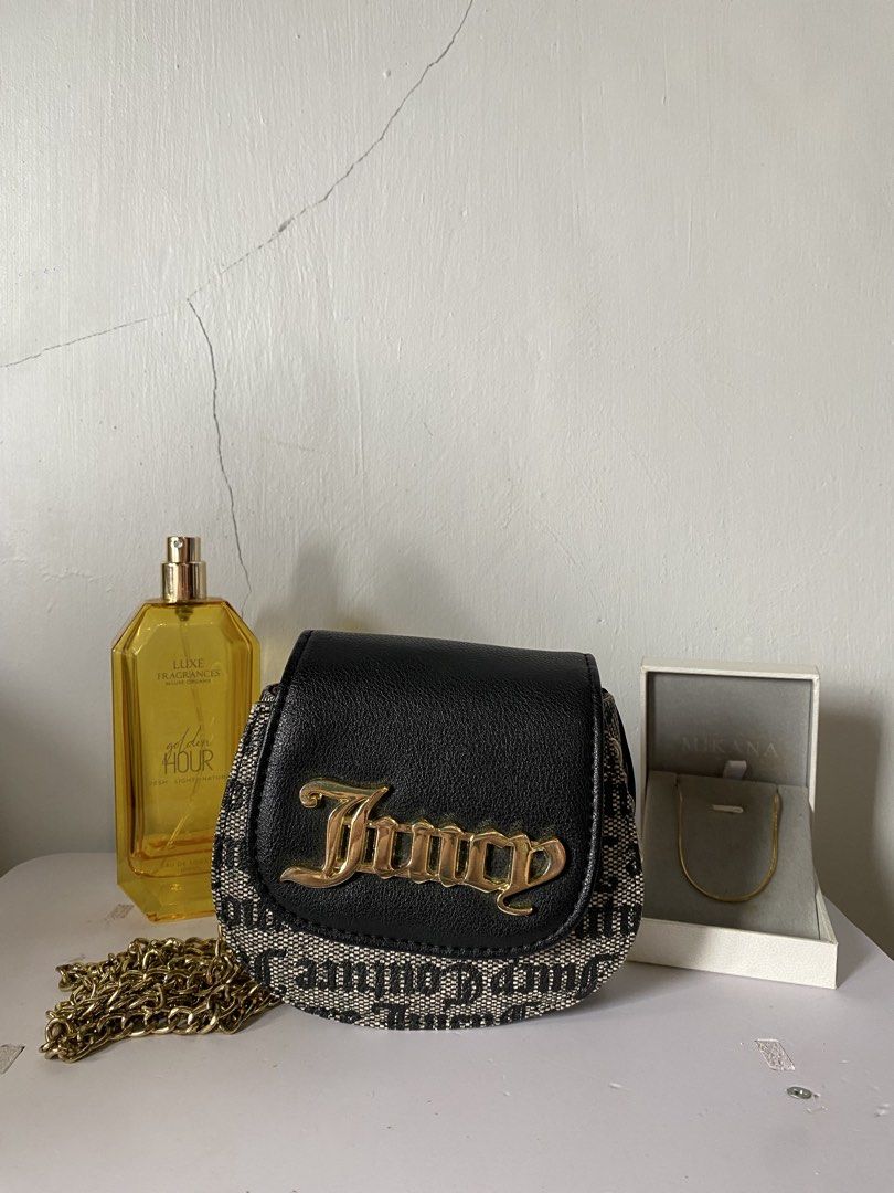 Juicy Couture Mini Bag with Gold Chain (Category: Luxury Bags & Wallets) located in Manila. Submitted by young.nkthrift (Listing ID 1461043614, Image 3). Description: Cute mini Juicy Couture bag. Black/grey pattern, gold 'Juicy' logo, and gold chain strap. Perfect for essentials, nights out, or adding flair to any outfit. Interior features Juicy Couture pattern..