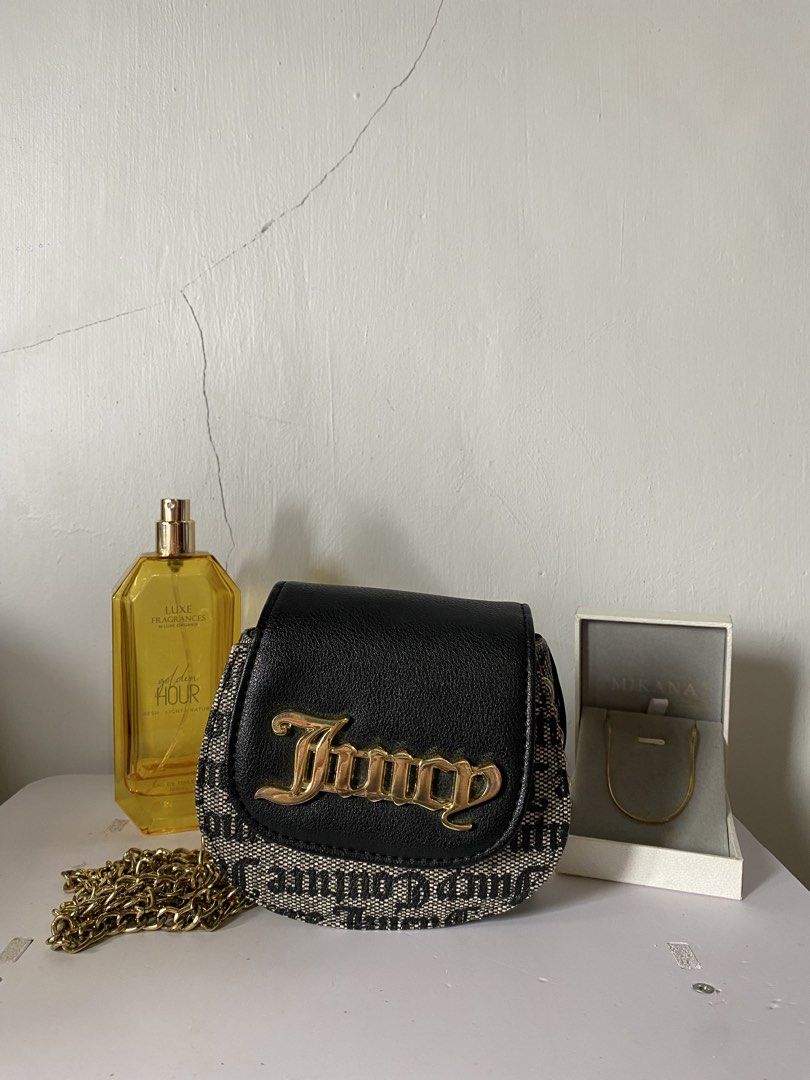 Juicy Couture Mini Bag with Gold Chain (Category: Luxury Bags & Wallets) located in Manila. Submitted by young.nkthrift (Listing ID 1461043614, Image 2). Description: Cute mini Juicy Couture bag. Black/grey pattern, gold 'Juicy' logo, and gold chain strap. Perfect for essentials, nights out, or adding flair to any outfit. Interior features Juicy Couture pattern..