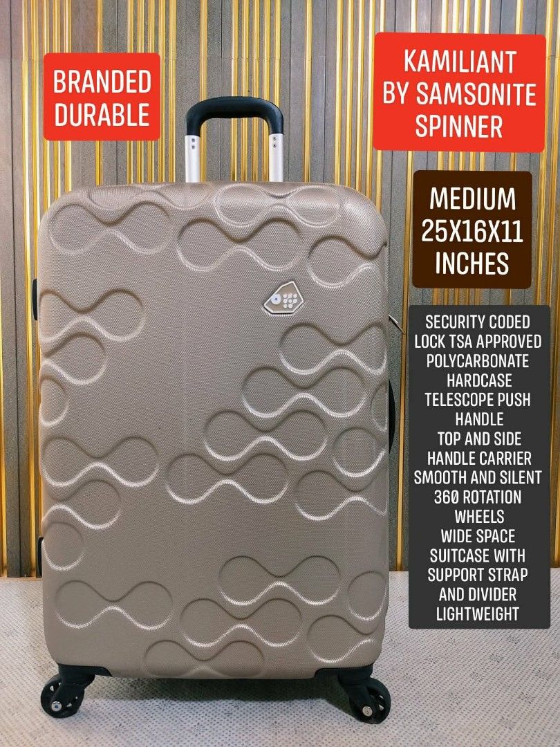 Kamilian by Samsonite Spinner Medium Hardcase Luggage (Category: Luggage) located in Valenzuela. Submitted by se_japansurplus (Listing ID 1461033076, Image 1). Description: 😍😍BRANDED LIGHTWEIGHT😍😍 📍 KAMILIANT BY SAMSONITE SPINNER📍 ⚡⚡SALE NEW ARRIVAL ⚡⚡ Japan Imported Medium Size ✨Polycarbonate hardcase ✨Security Coded Lock Tsa Approved ✨Smooth and silent 360 Rotation Double Wheels ✨Telescopic Push handle ✨Top and Side carrier Handle ✨Wide s