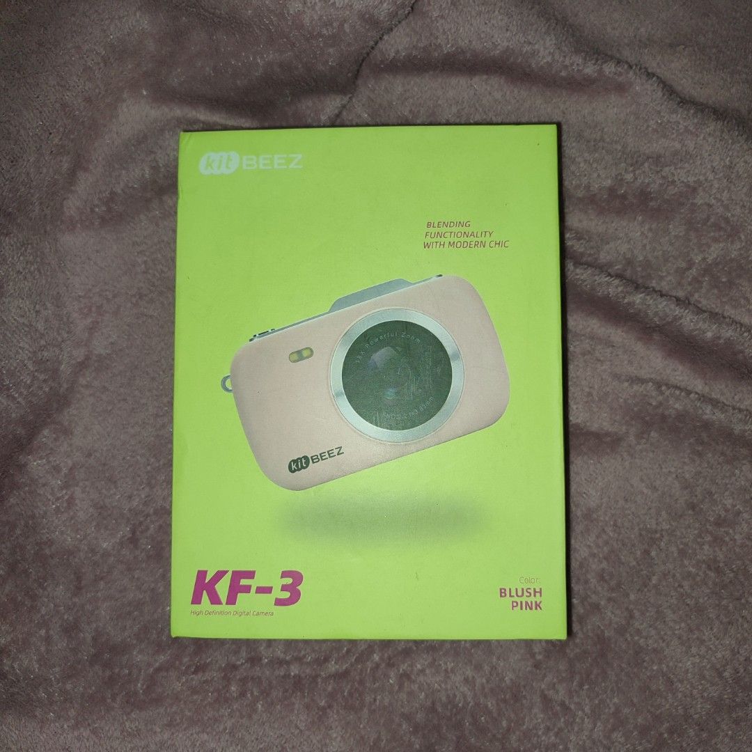 KitBeez KF-3 Digital Camera - Pink (Category: Cameras) located in Manila. Submitted by rsewqwt (Listing ID 1460965371, Image 3). Description: Complete set with box and inclusions 🌷 Includes: Camera unit Original box Velvet pouch Charging cable & card reader adapter Battery & SD card Beaded wrist strap Decorative sticker sheets.