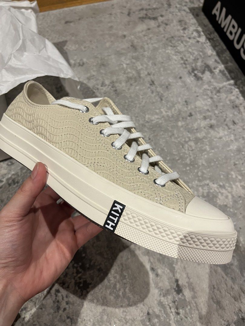 Kith x Converse Chuck 70 Ox Egret/White/Black (Category: Sneakers) located in Quezon City. Submitted by purplepproni (Listing ID 1461007909, Image 1). Description: - Kith x Converse Chuck 70 Ox - Color: Egret/White/Black - Unique textured upper with a wavy pattern - Comes with extra laces - Size: 9 US Men's / 11 US Women's - Exact Model Number: A11440C (check box label).
