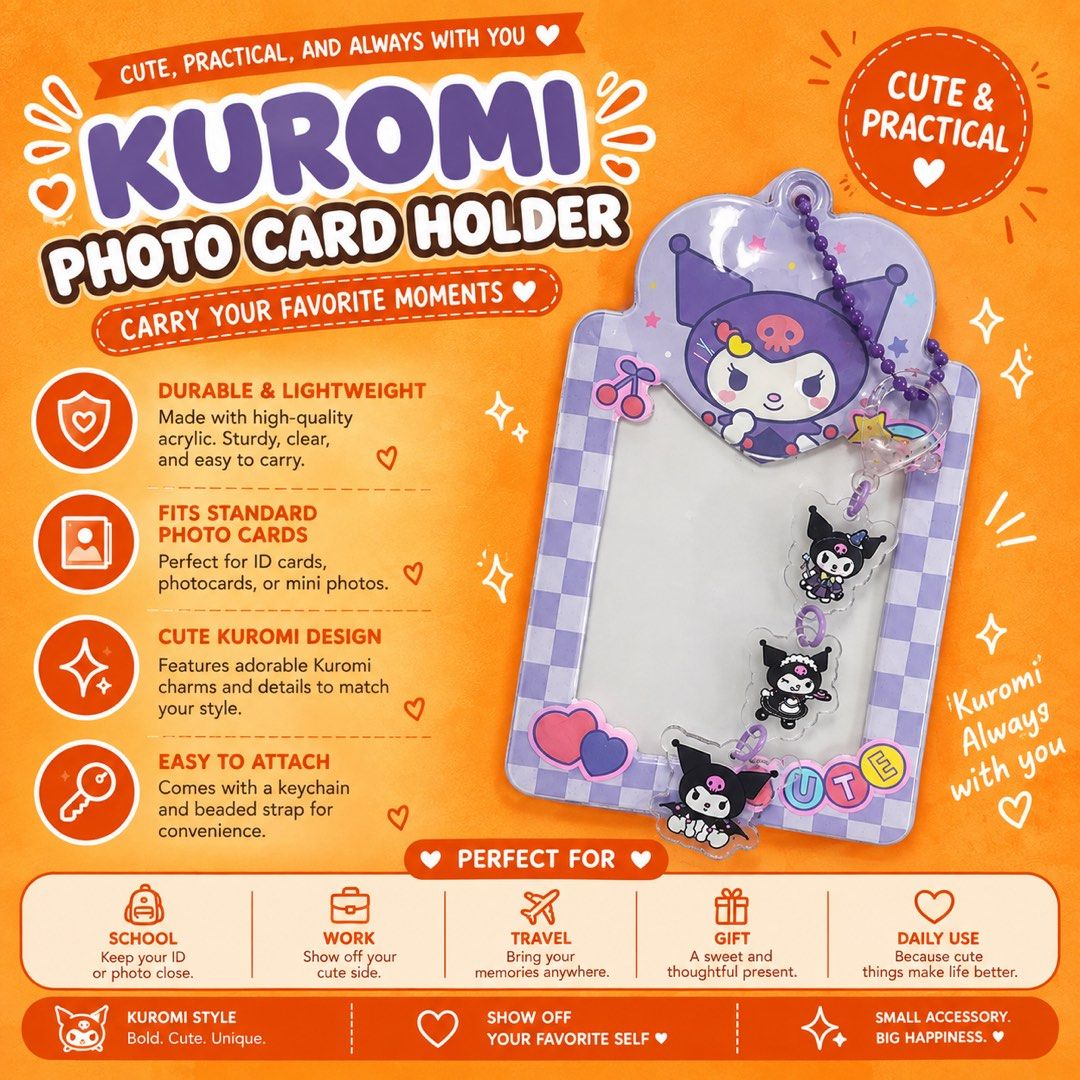 Kuromi Photocard Holder (Category: Character Goods) located in Navotas City. Submitted by ohyeinz (Listing ID 1461048922, Image 1). Description: Adorable purple Kuromi photo card holder featuring a cute checkerboard frame, Kuromi character details, and dangling acrylic charms. Perfect for keeping your favorite photo cards, IDs, or mini photos while adding a fun and stylish touch to your everyday look..