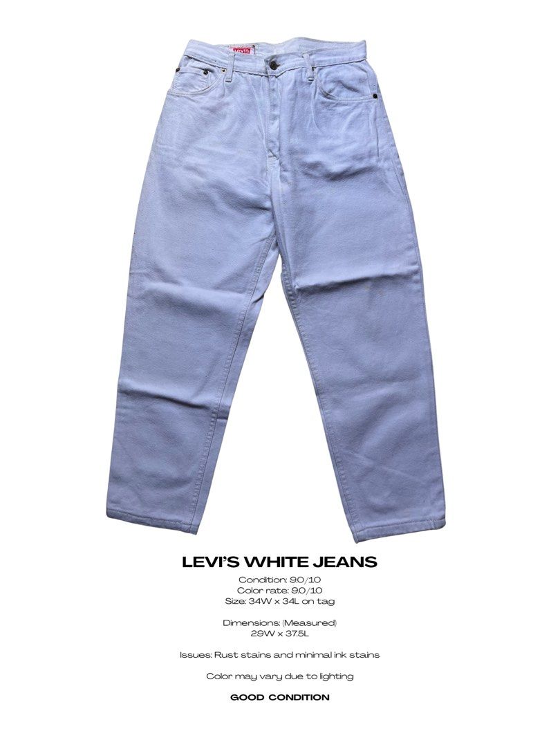 Levi's White Jeans 34W x 37.5L (Category: Jeans) located in Manila. Submitted by chalkzone20 (Listing ID 1461095487, Image 1). Description: - Brand: Levi's - Color: White - Tag Size: 34W x 34L - Actual Measured Size: 29W x 37.5L - Condition: Good - Flaws: Minor rust stains, minimal ink stains - Note: Color may appear slightly different due to lighting..
