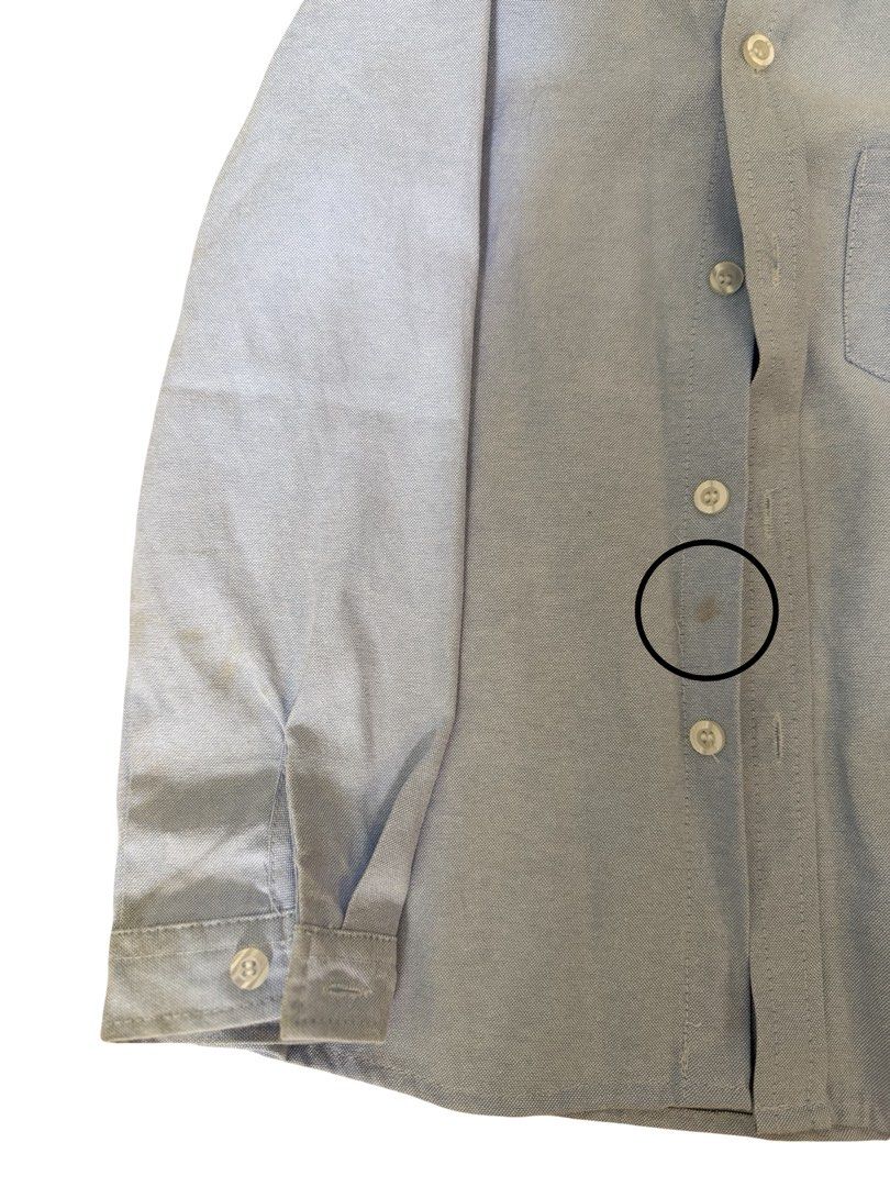 Light Blue Anchor Embroidered Button-Up Shirt (Category: Babies & Kids Fashion) located in Quezon City. Submitted by msmarjqab (Listing ID 1461012752, Image 3). Description: - Light blue button-up shirt for kids - Embroidered anchor detail on chest pocket - Size 130 - Note: Faint stains on sleeve cuff and near buttons due to storage.