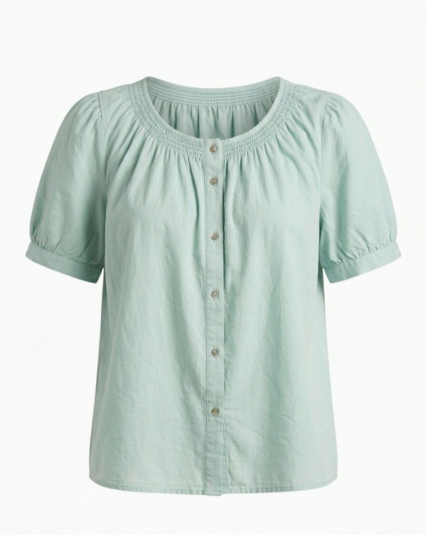 Light Blue Smocked Neck Puff Sleeve Button Up Blouse (Category: Blouses) located in Baguio. Submitted by vyner_hues (Listing ID 1461094556, Image 1). Description: - Cute light blue blouse - Smocked neckline - Button-up front - Short puff sleeves - Comfy and casual style - Great for everyday wear - Easy to pair with jeans or skirts.