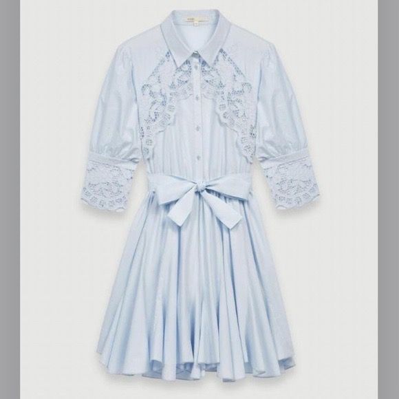 Like new - Maje Rebella Lace Trim Shirt Dress Size 34 （分類：連身裙）位於 Hong Kong。 由 edenmlc 提交（商品編號 1460959460，圖片 3）。簡介： Maje light blue shirt dress. Features delicate lace detailing on the collar and cuffs. Comes with a matching fabric belt to cinch the waist. The skirt has a lovely flare. Great for a day out or a special occasion. Size 34 Condition: like new, worn once and it doesn't suit me SF delivery or pick up only. If delivery, buyer is responsi
