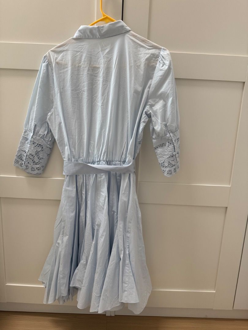 Like new - Maje Rebella Lace Trim Shirt Dress Size 34 （分類：連身裙）位於 Hong Kong。 由 edenmlc 提交（商品編號 1460959460，圖片 2）。簡介： Maje light blue shirt dress. Features delicate lace detailing on the collar and cuffs. Comes with a matching fabric belt to cinch the waist. The skirt has a lovely flare. Great for a day out or a special occasion. Size 34 Condition: like new, worn once and it doesn't suit me SF delivery or pick up only. If delivery, buyer is responsi