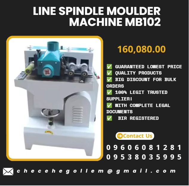 line spindle moulder machine MB102 (Category: Everything Else Others) located in Caloocan City. Submitted by 09059603908 (Listing ID 1460926329, Image 1). Description: ●Max. working width: 120mm ●Max. working thickness: 80mm ●Feeding speed:6m/min ●Speed: 6000r/min ●Motor power: 3kw (380V 3phase) ●Main spindle diameter: 30mm ●Cutter size: 110x30x100mm ●Weight: 350kg ●Dimension: 760x620x1100mm ●If customized voltage (220V Single phase) Additional 9