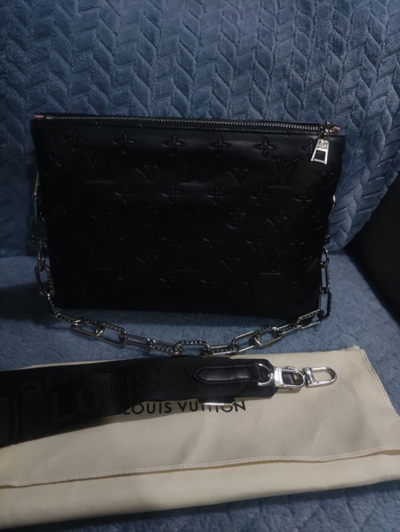 Louis Vuitton Black Monogram Embossed Clutch Bag with Chain (Category: Luxury Bags & Wallets) located in Cainta. Submitted by kluxurychoices (Listing ID 1461039621, Image 2). Description: Louis Vuitton Bag with shoulder chain with sling strap very nice in actual with dustbag .