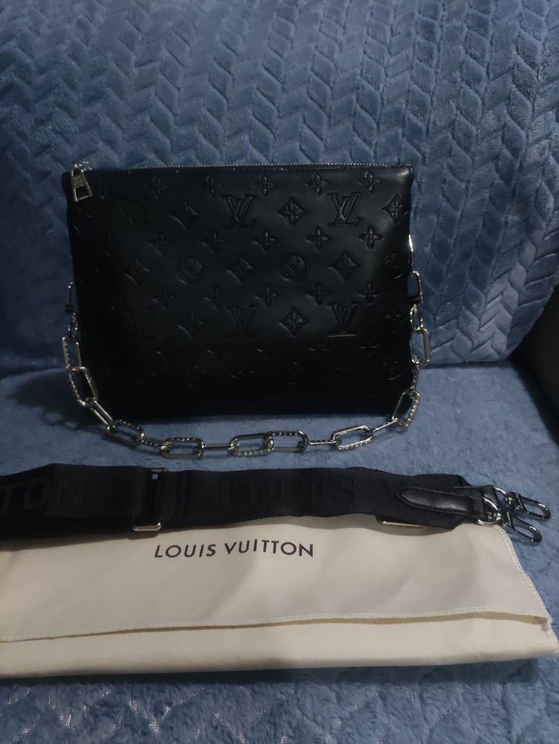 Louis Vuitton Black Monogram Embossed Clutch Bag with Chain (Category: Luxury Bags & Wallets) located in Cainta. Submitted by kluxurychoices (Listing ID 1461039621, Image 1). Description: Louis Vuitton Bag with shoulder chain with sling strap very nice in actual with dustbag .