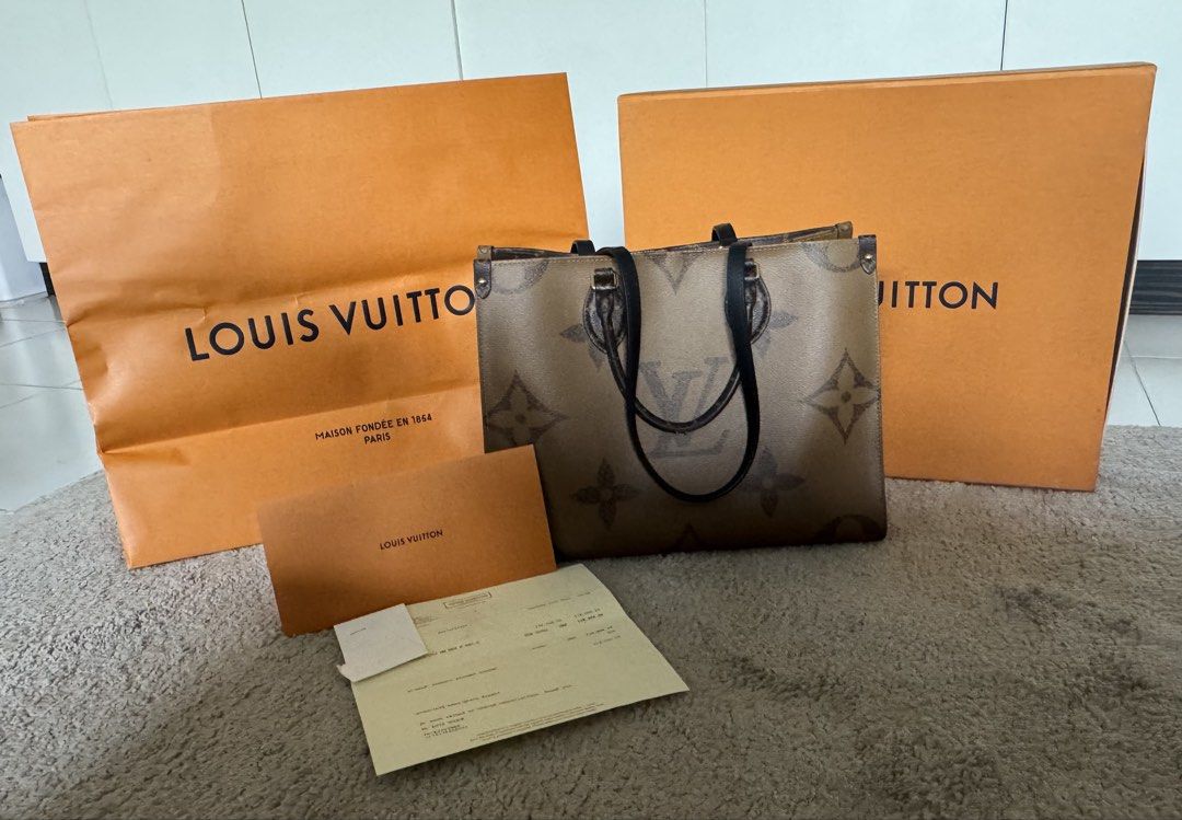 Louis Vuitton OnTheGo MM M45321 Monogram Reverse Tote Bag Complete Set (Category: Tote Bags) located in Manila. Submitted by wisehorse.d929fd (Listing ID 1460934542, Image 1). Description: Authentic Louis Vuitton OnTheGo MM in Monogram / Monogram Reverse, model M45321. Purchased directly from Louis Vuitton Philippines on January 4, 2021. Original purchase price was ₱138,000. A beautiful and very practical MM size with the signature Giant Monogram