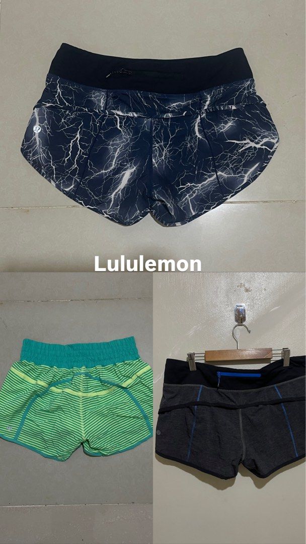 Lululemon Running Shorts Bundle (3 Pairs) (Category: Activewear) located in Manila. Submitted by micoletszx81430 (Listing ID 1460955423, Image 1). Description: - Bundle of 3 Lululemon running shorts - Includes: navy blue lightning bolt print, green and yellow striped, and charcoal grey - Designed for athletic performance - Great for running or workouts - Perfect for your active lifestyle!.