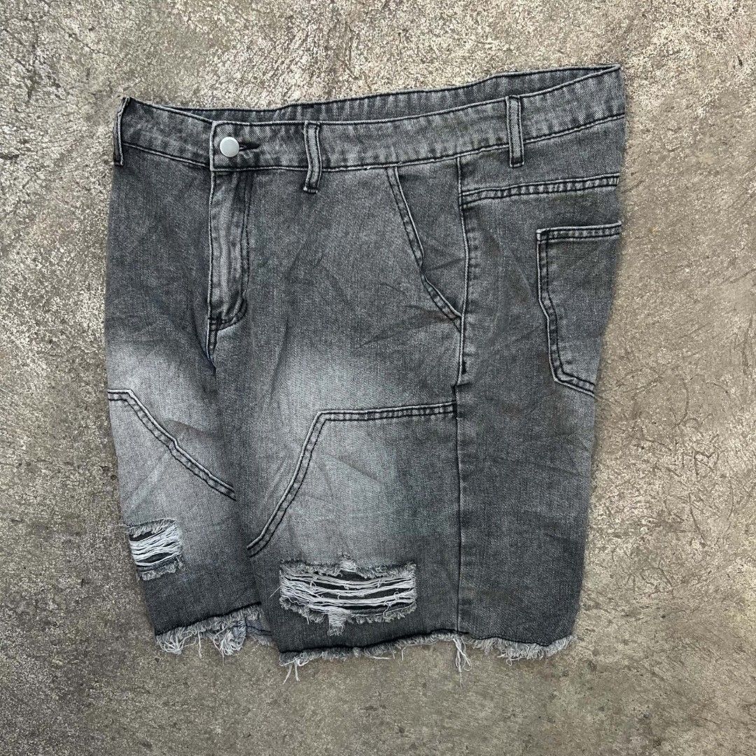 MANFINITY acid wash Distressed double knee jorts (Category: Shorts) located in Cebu City. Submitted by royalwolf-2a85 (Listing ID 1461025713, Image 1). Description: - Brand: MANFINITY - Color: Grey Denim - Style: Distressed shorts with front rips - Hem: Raw hem finish - Closure: Button and zip - Features: Multiple pockets - Occasion: Ideal for casual wear - size 34 - length 22 - leg opening 12 - excellent condition - no issue .