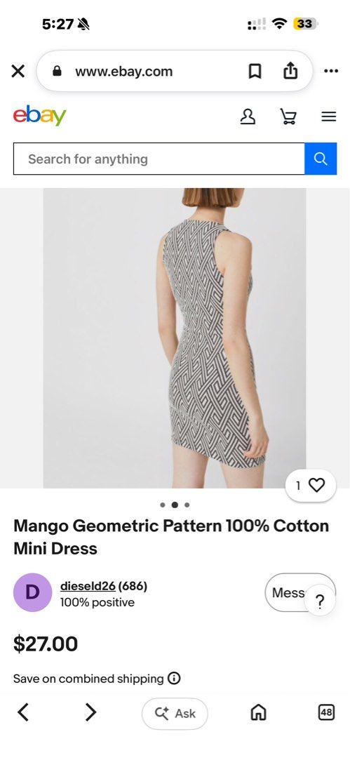 Mango Geometric Print Sleeveless Mini Dress (Category: Dresses) located in Manila. Submitted by goodthingspreloved.92 (Listing ID 1461010389, Image 2). Description: - Mango black & white geometric print dress - Sleeveless with high neckline - Mini length - Versatile for night out or casual wear.
