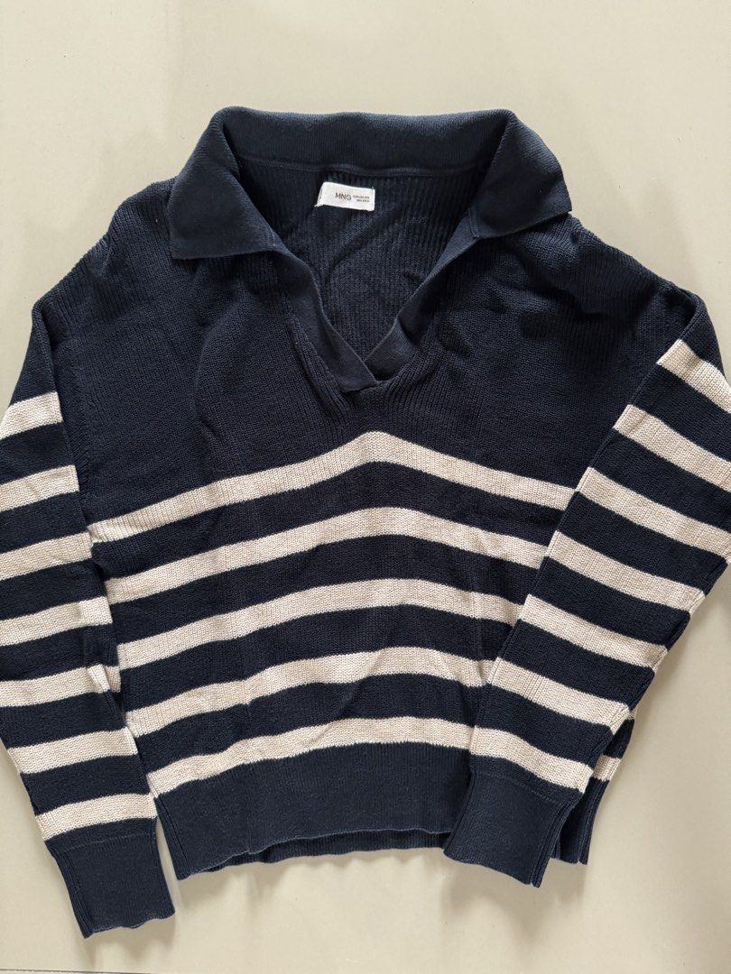 MANGO Navy Striped Collared Knit Sweater (Category: Longsleeves) located in Bulacan. Submitted by _arislmt (Listing ID 1460929426, Image 3). Description: Rarely used XXS on tag, but fits XS-S No flaws; good as new! Bought for 1.5k.