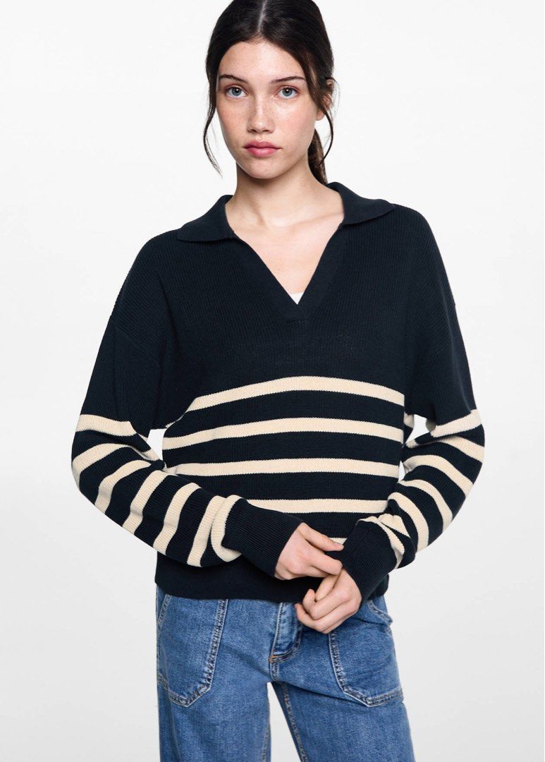 MANGO Navy Striped Collared Knit Sweater (Category: Longsleeves) located in Bulacan. Submitted by _arislmt (Listing ID 1460929426, Image 2). Description: Rarely used XXS on tag, but fits XS-S No flaws; good as new! Bought for 1.5k.