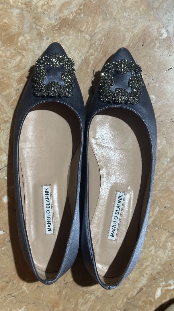 Manolo Blahnik Hangisi Flats Size 39 (Category: Flats & Sandals) located in Caloocan City. Submitted by kayechang23 (Listing ID 1461074011, Image 1). Description: - Authentic - Brand: Manolo Blahnik - Model: Hangisi Flats - Size: 39 - Color: Grey Satin - Slightly Negotiable - Embellishment: Crystal Buckle - Condition: Comes with original box - Origin: Handmade in Italy - Style: Beautiful and classic - Wore once for wedding.