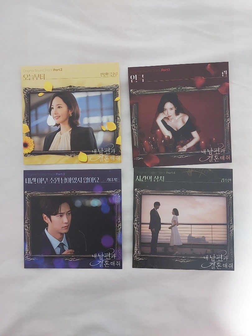 Marry My Husband OST CD Set with Photocards & More (Category: CDs & DVDs) located in Makati City. Submitted by yishanjade (Listing ID 1461047929, Image 3). Description: - Original Sound Track CD set for the K-drama 'Marry My Husband' - Includes 2 CDs - Features multiple photocards with signatures - Comes with other photo inserts - All items are from the official OST release - A must-have for fans of the drama and its music.