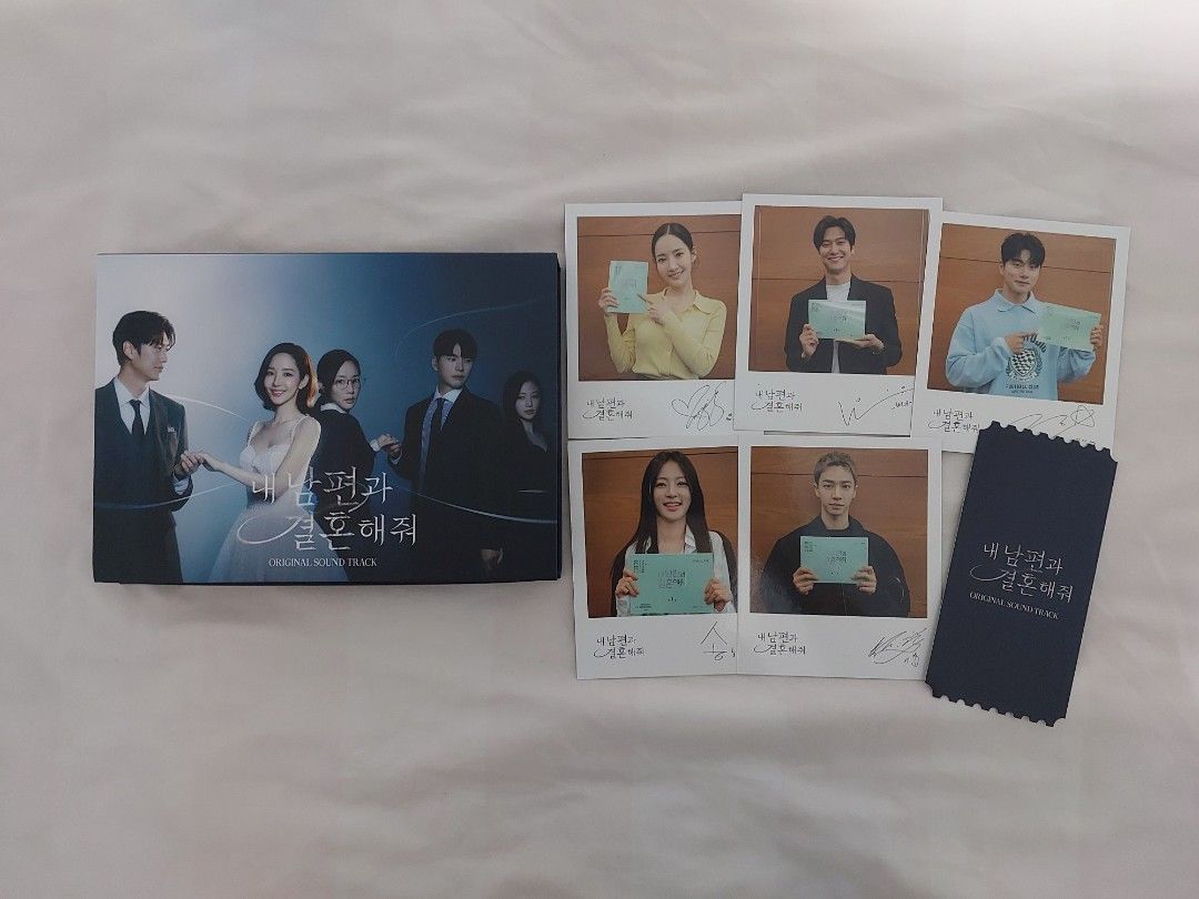 Marry My Husband OST CD Set with Photocards & More (Category: CDs & DVDs) located in Makati City. Submitted by yishanjade (Listing ID 1461047929, Image 2). Description: - Original Sound Track CD set for the K-drama 'Marry My Husband' - Includes 2 CDs - Features multiple photocards with signatures - Comes with other photo inserts - All items are from the official OST release - A must-have for fans of the drama and its music.