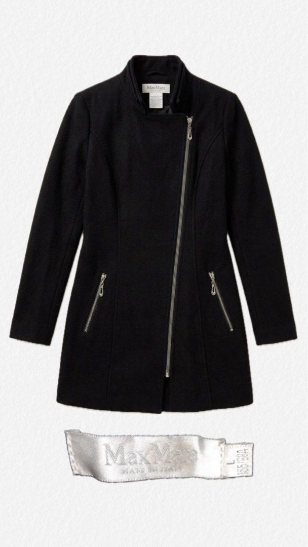 Max Mara Black Wool Jacket Coat (Category: Coats, Jackets and Outerwear) located in Quezon City. Submitted by the.art.of.letting.go. (Listing ID 1461104070, Image 1). Description: - Classic black Max Mara coat - Wool blend material - Asymmetrical zip front - Zippered pockets - Stand-up collar - Made in Italy - Size L but will fit Medium.
