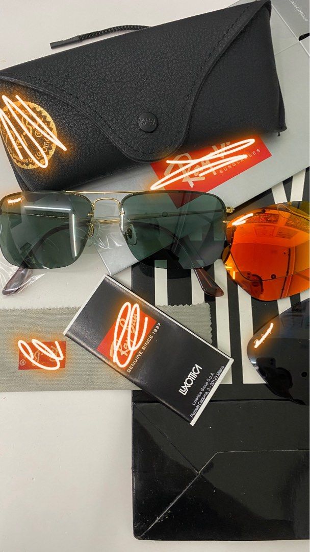 MEN / WOMEN SUNGLASSES (Category: Sunglasses & Eyewear) located in San Juan City. Submitted by wristcheckdiaries (Listing ID 1460957162, Image 1). Description: - Genuine Rb Aviator sunglasses - Includes 3 lens options: green, blue mirror, and orange mirror - Comes with original case and cleaning cloth - Easily switch lenses to match your style - Authentic Luxottica product.